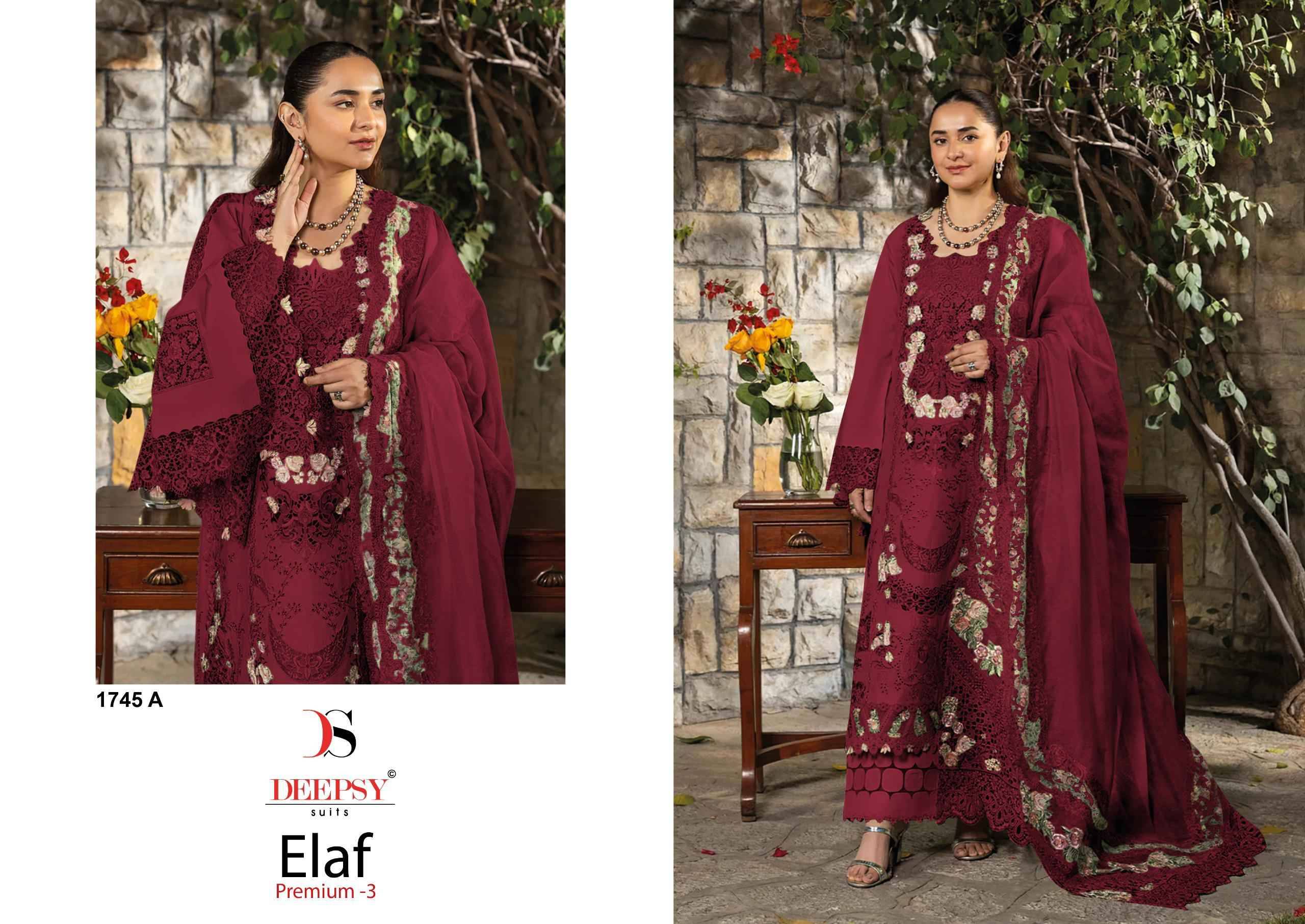  ELAF  Premium-3 Luxury Lawn by DEEPSY SUITS 1745 Series Pakistani Stylish Beautiful Colourful Printed & Embroidered Party Wear & Occasional Wear Pure cotton Dresses At Wholesale Price